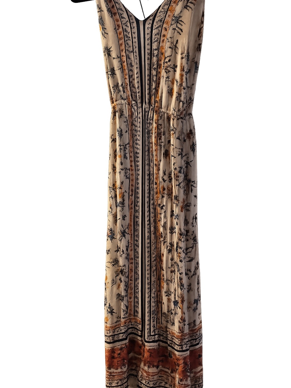 Lucky Brand Beige Floral V-Neck Maxi with Rust and Blue Accents